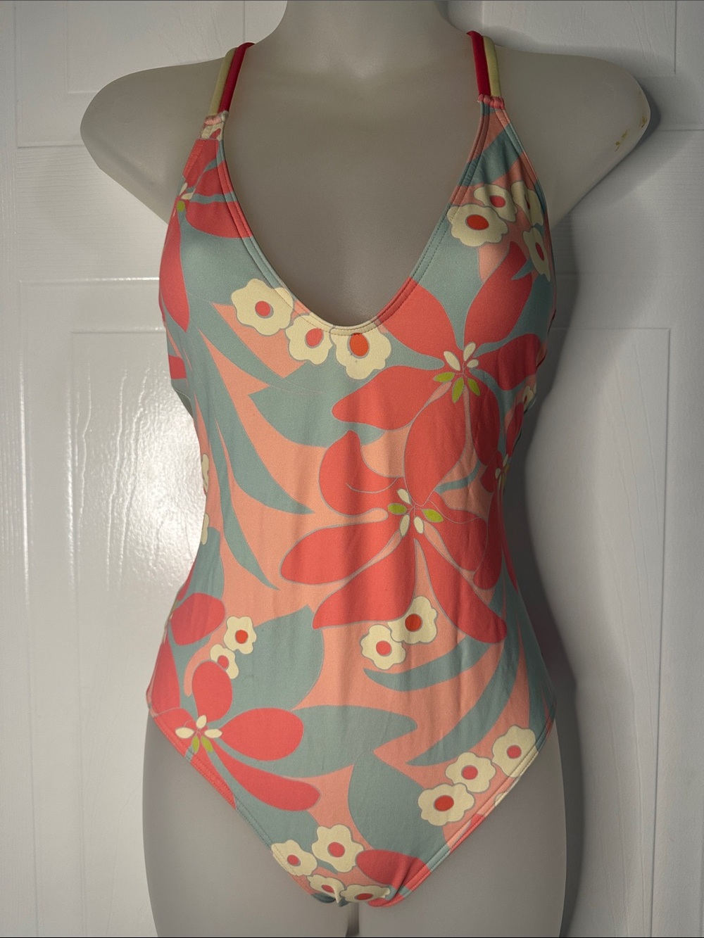 EUC ERES X LHD Floral V-Neck One-Piece Swimsuit in Coral & Mint
